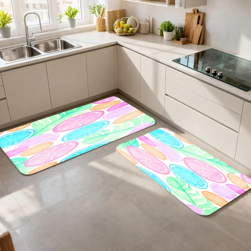 3PCS Mat Set,  Home Decoration for Front Door, Kitchen,  Colorful Fruits Pattern With Pastel Colors And Leaves Kitchen Rug.