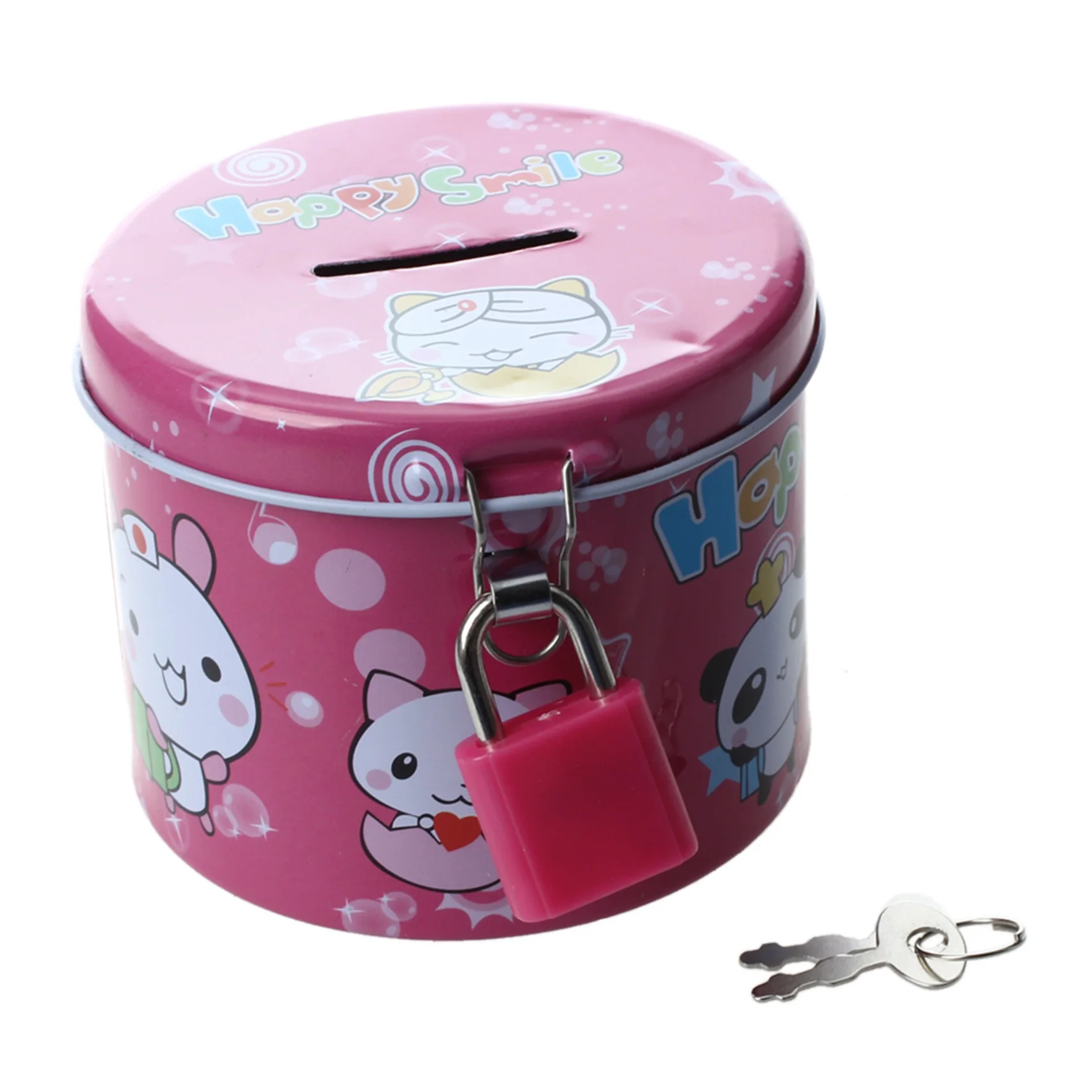 

-A12R 2X Cylinder Design Cartoon Print Piggy Bank Coin Money Saving Box With Padlock