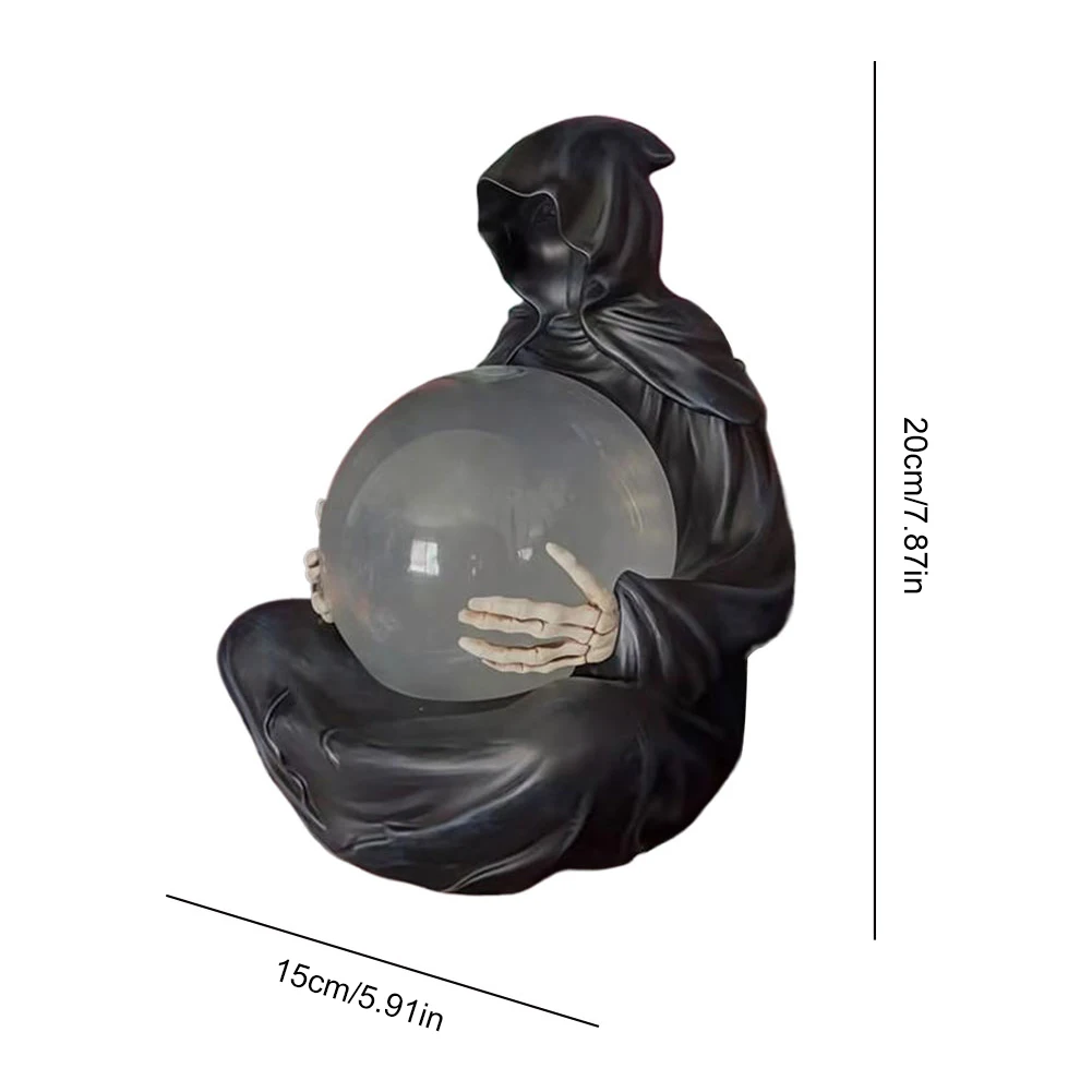 LED Halloween Decoration Crystal Ball USB Charging Grim Reaper Water Globe Resin Spooky Sculpture Ornament for Desktop Decor