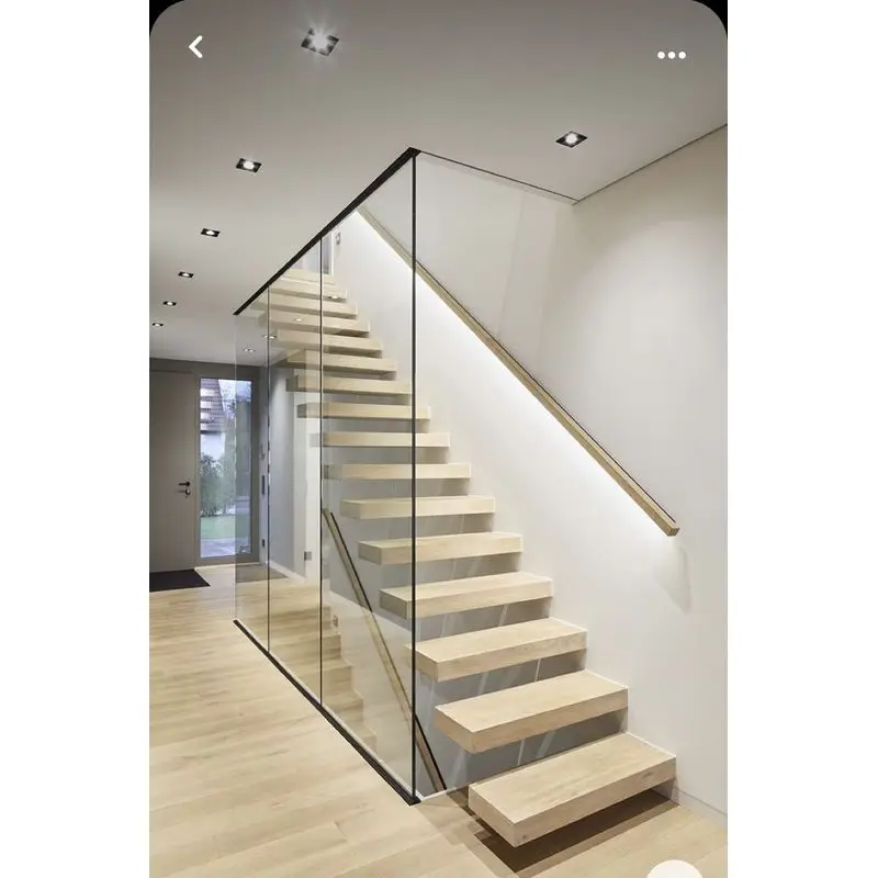 سلم داخلي من الخشب الصلب عالي الجودة قابل للتخصيص، سلالم مستقيمة عائمة مع درابزين زجاجي مداس خشبي للاستخدام الداخلي #2