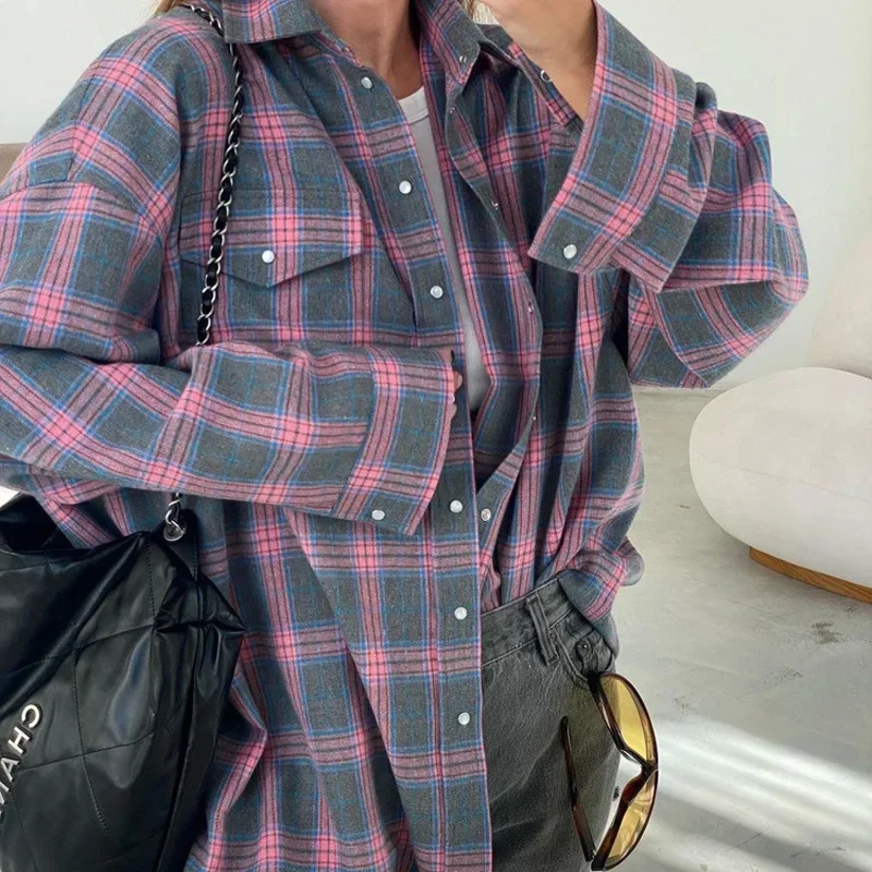 

2024 Oversized Plaid Shirt Autumn Winter Women Vintage Long Sleeve Fashion Loose Lapel Pocket Shirt Fit Blouse Korean Style