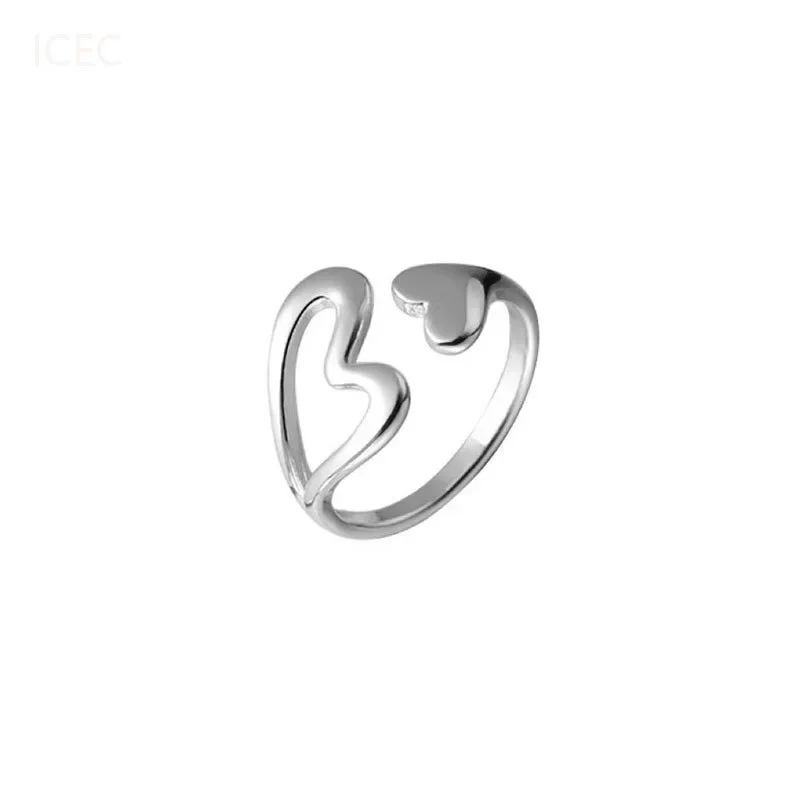 PONYKISS Silver Color Hollow Heart Opening Adjustable Rings for Women Cute Fashion Jewelry Minimalist Accessories