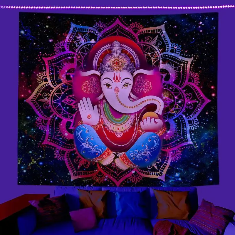 VIKAMA UV Luminous Elephant God Sun Moon Fatima Hand Tapestry, psychedelic Indian Bohemian Wall Hanging Home Decoration