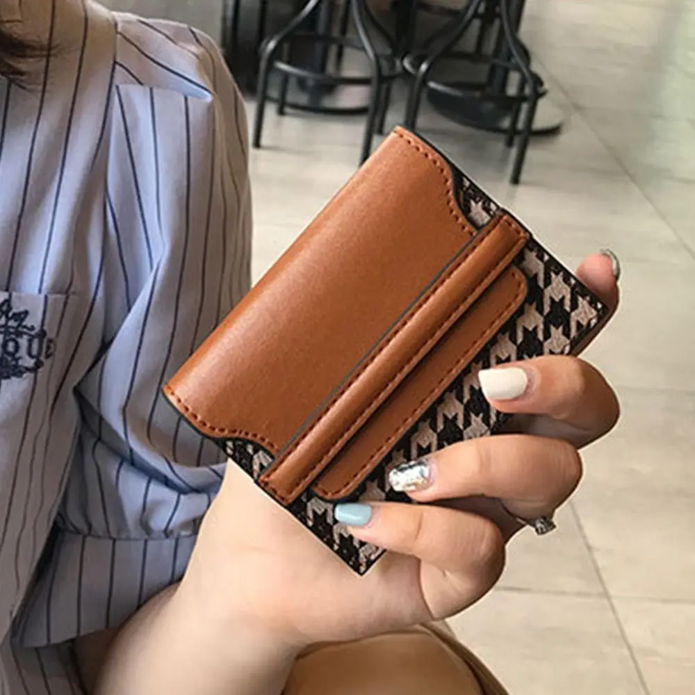 

Korean Style Houndstooth Card Bag Portable Card Pocket Clutch Bag Short Wallet PU leather Coin Purse Card Holders Clutch Female