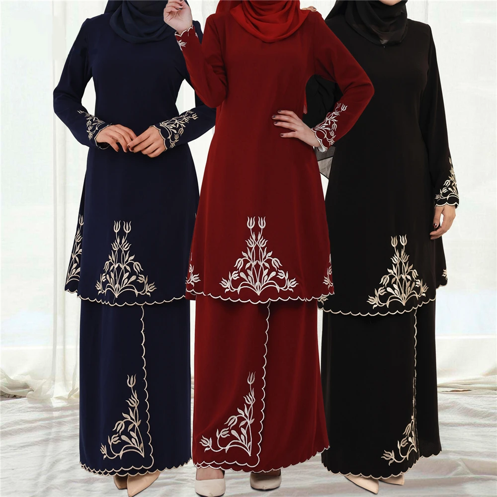 2 Pieces Set Women Muslim Dress Embroidered Long Sleeve Tops Skirt Islamic Clothing Outfits Dubai Abaya Kaftan Robe Turkey Suits