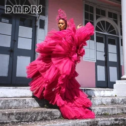 DMDRS | Puffy Tiered Tulle Long Dress for Women Strapless Ruffled Lush Women Birthday Dress Fuchsia Party Night Dresses Custom