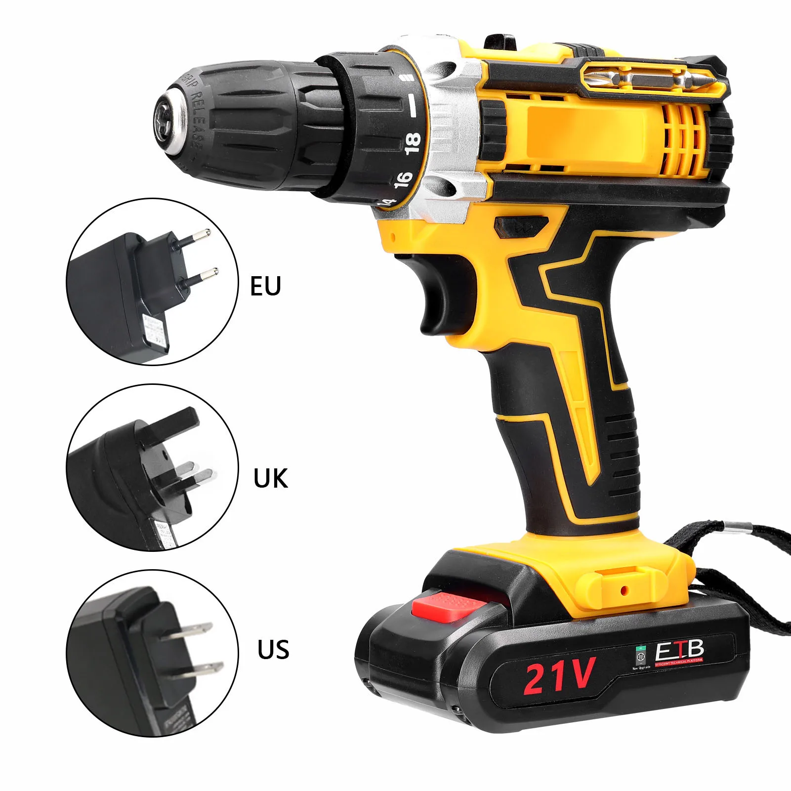 21V Cordless Electric Drill Brush Motor Drill 2 Speeds Adjustment 18 Gears of Torque Holes Drilling Machine For Installation