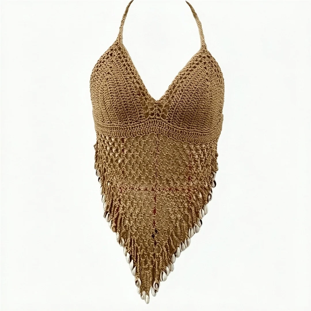 Sexy Quasten, ausgehöhltes, gehäkeltes, gestricktes Bikini-Oberteil, Strand-Überwurf, Strandkleid, Strandbekleidung, Damen V8427 – Detail 9