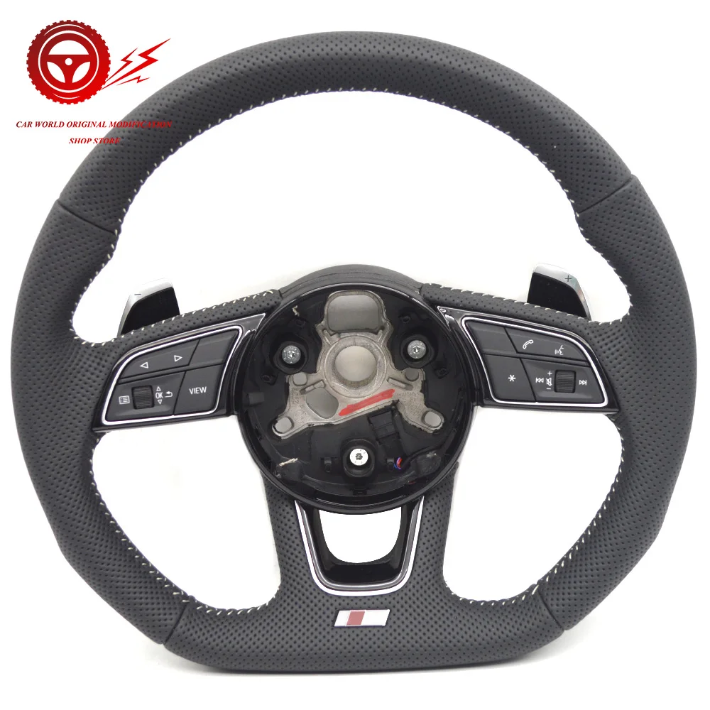 Fully Perforated Leather Multifunctional Flat Bottomed Sports Steering Wheel , For Audi A3 A4 B9 A5 S3 S4 S5