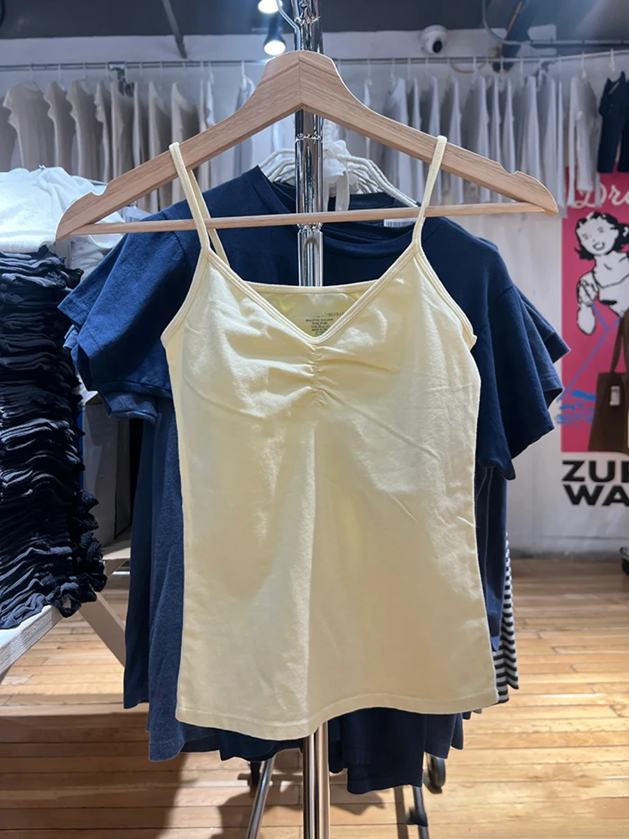 

New Yellow Folds Slim Tank Top Women Sexy V-neck Sleeveless Cotton Basic Camisole Female Summer Sweet Simple Solid Crop Tops Y2k