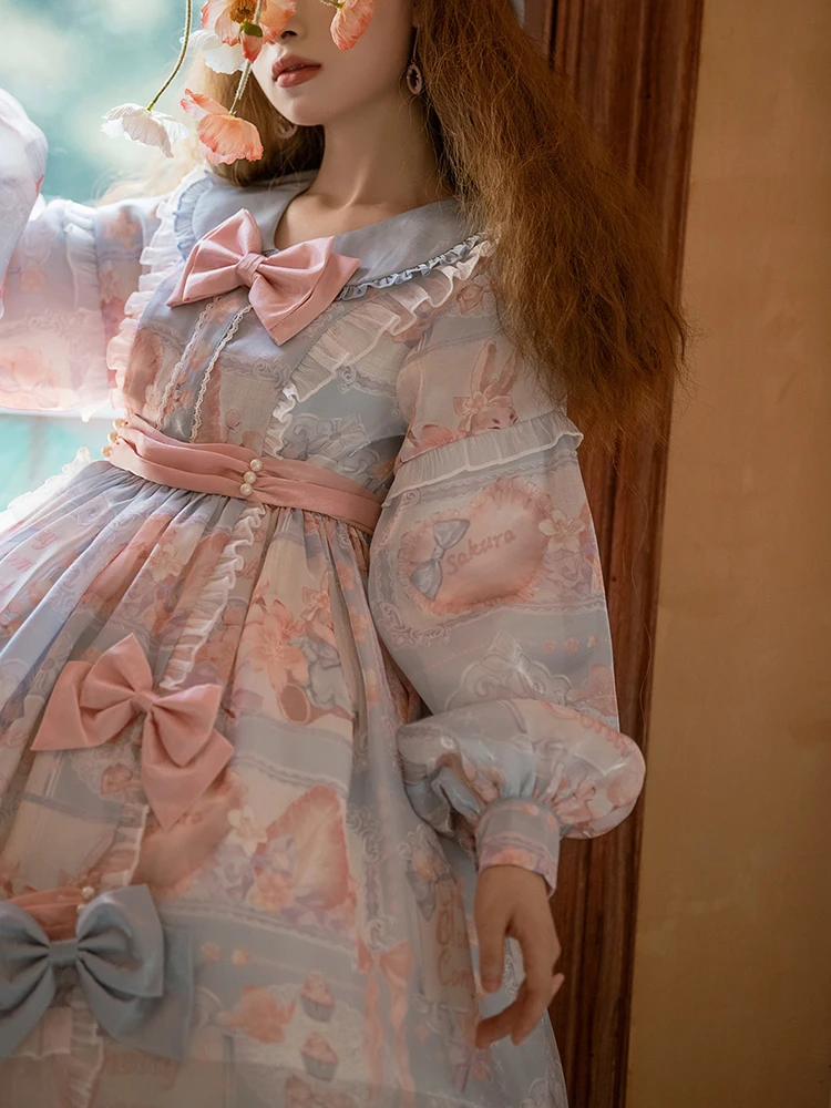 Vestido de princesa Lolita Op, manga larga, diario, chica dulce, Lolita japonesa, fiesta de té, lazo