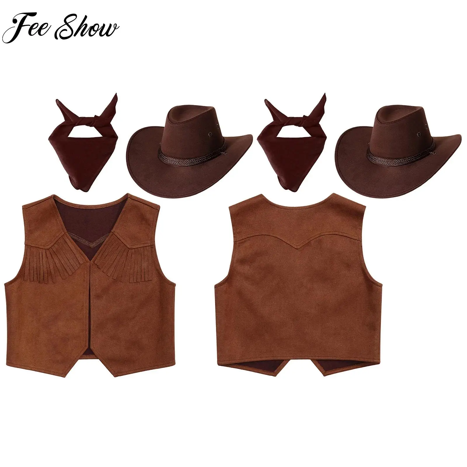

Boys Halloween Western Cowboy Cosplay Costume Outfit Cowboy Cowgirl Role Play Dress Up Performance Themed Party Clothes Set