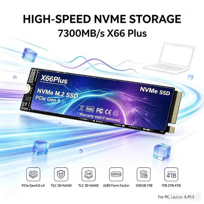 X66Plus M.2 NVMe SSD 7300MB/s TLC 3D NAND 2280 Internal Solid State Drive 500GB‑4TB For PS5 Gaming Desktop Laptop PC Storage