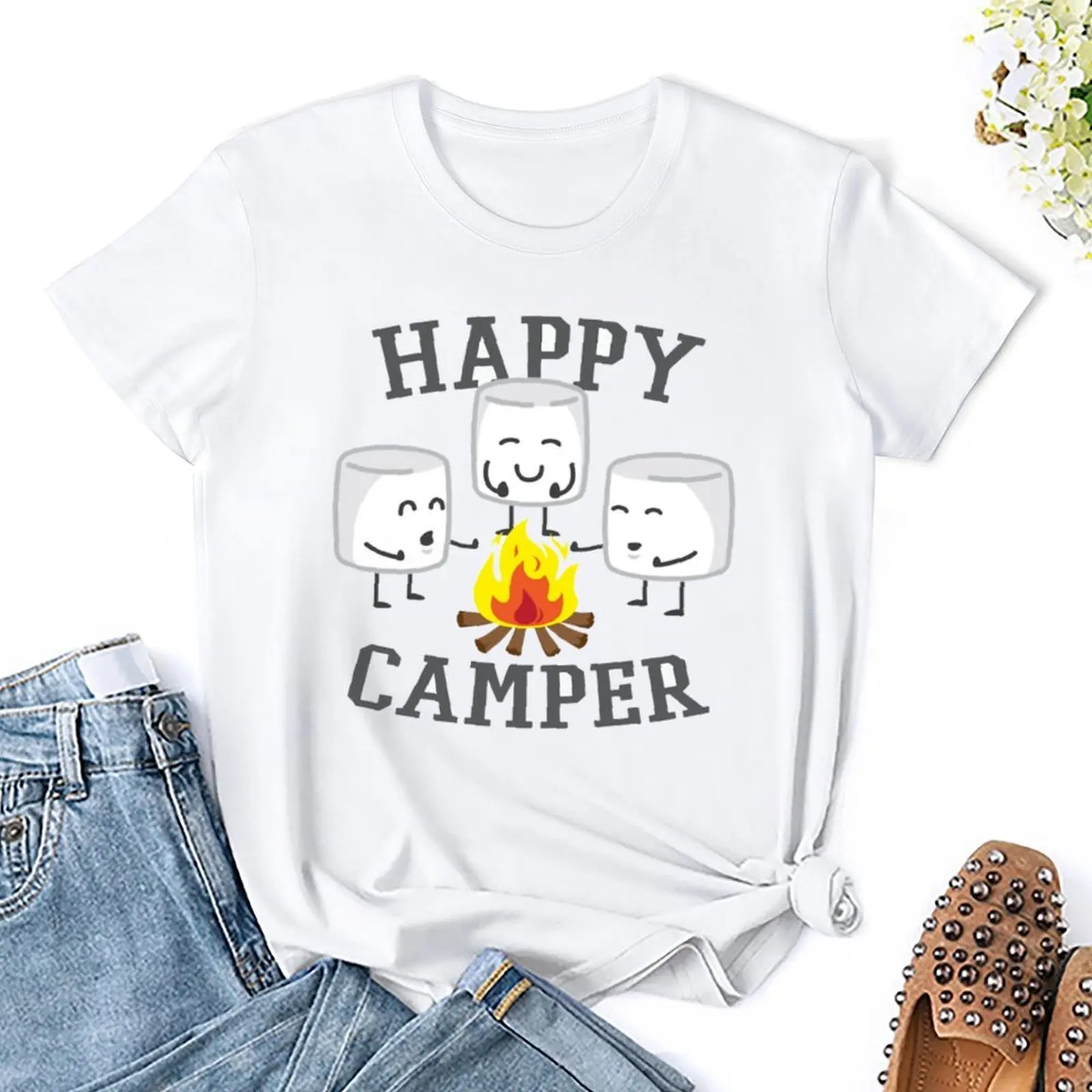 Harajuku Marshmallows Happy Camper Marshmallows 2 T-shirt  Campaign Top Tee Hipster Humor Graphic Aactivity Competition