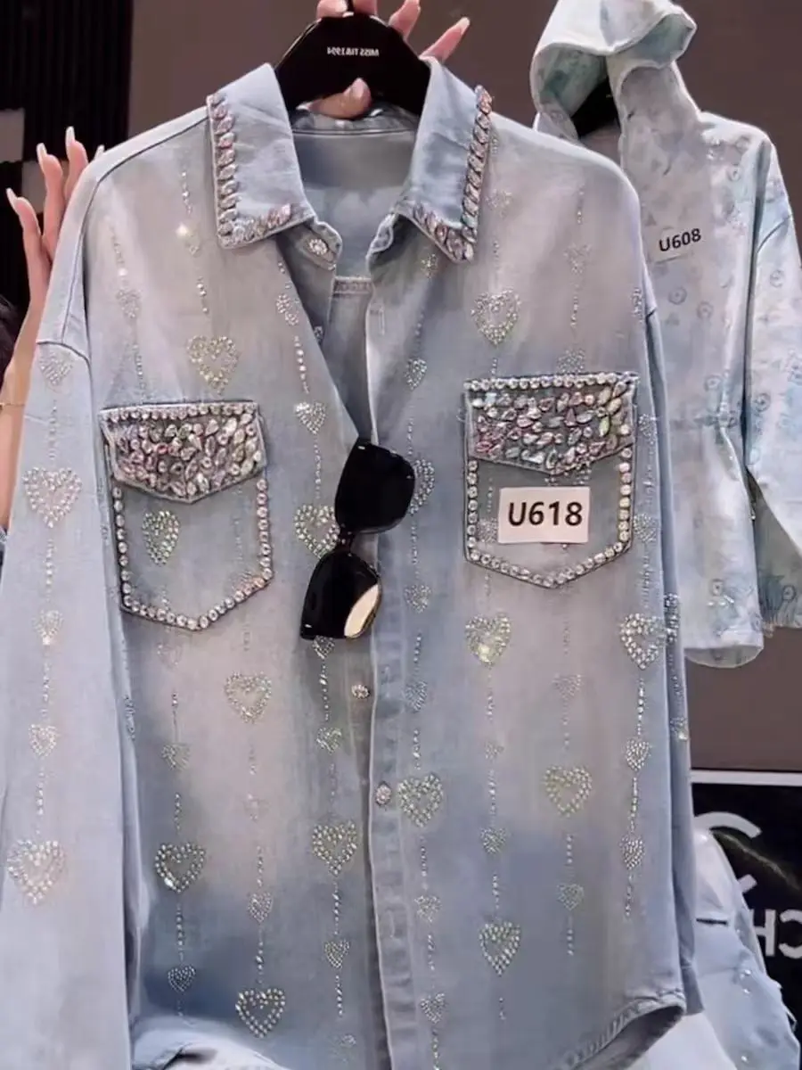 

New In Autumn 2025 Trend Heart Hot Drilling Denim Shirts Blouses for Women's Loose Casual Denim Top Jacket Woman Clothes