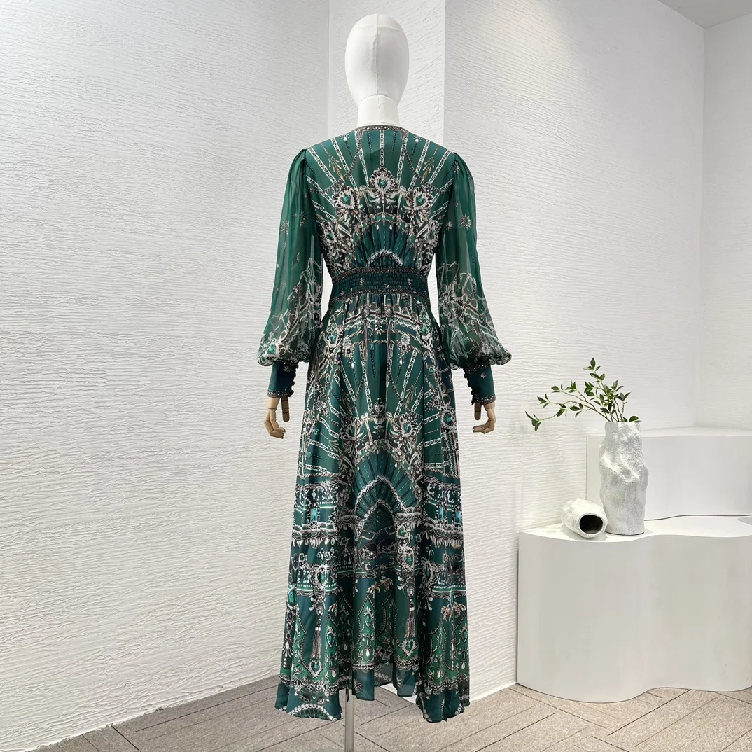 2024 Spring Summer Green Print Long Lantern Sleeve V-Neck Regular Fit Slight Stretch Silk Midi Dress