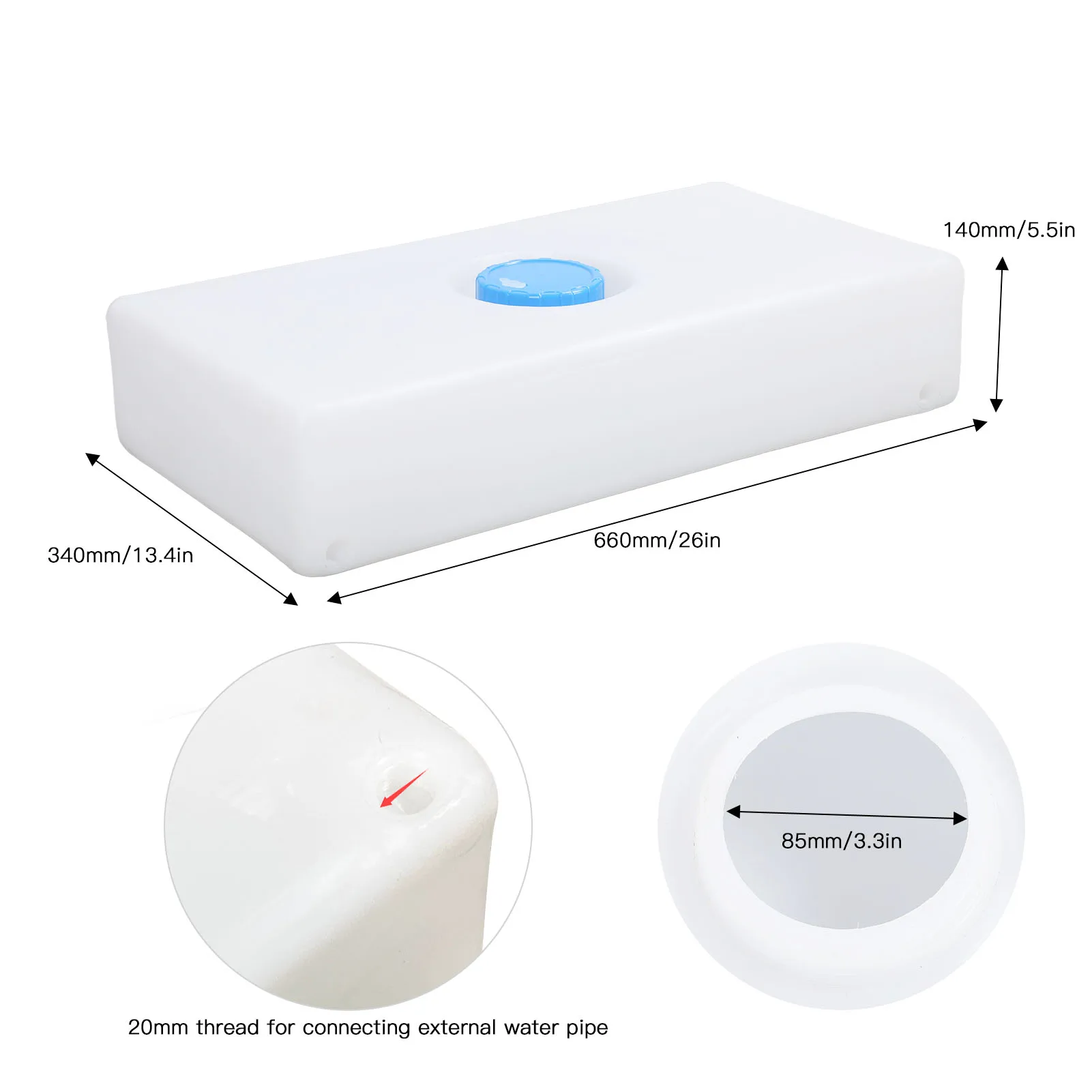 Retención de agua de 8 galones, LLDPE a prueba de fugas, 85mm, entrada de agua para Camper, remolque, yate, barco