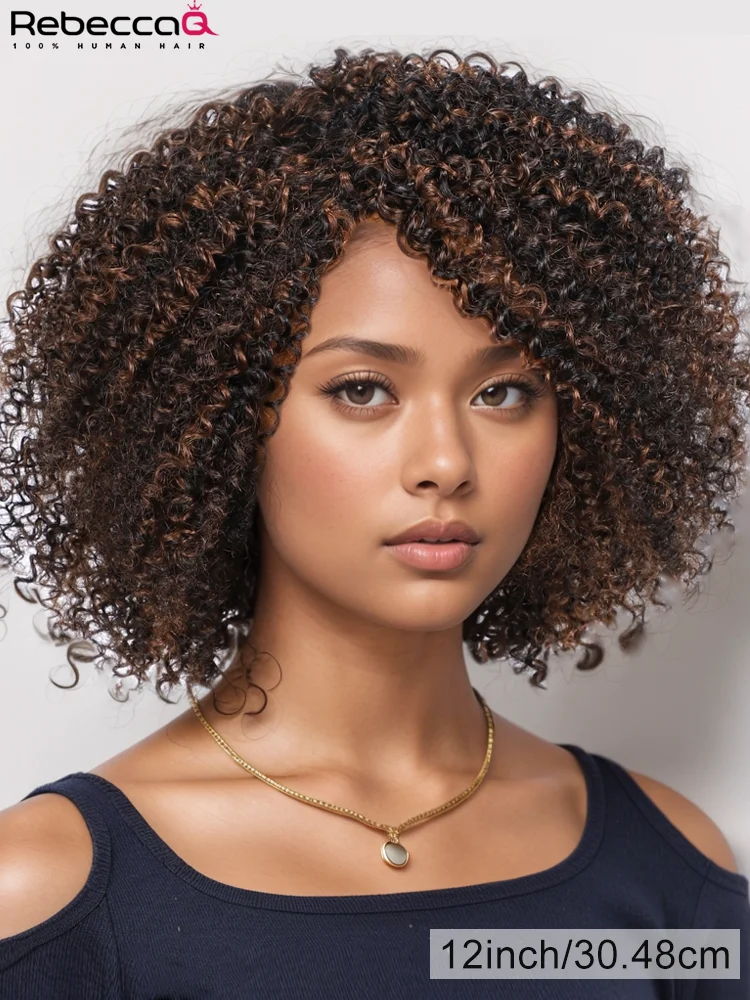 Highlight Short Kinky Curly Bob Wigs For Women Brazilian Remy Human Hair Wigs Easy Wear Human Hair Wig With Bangs 200% Density image 4