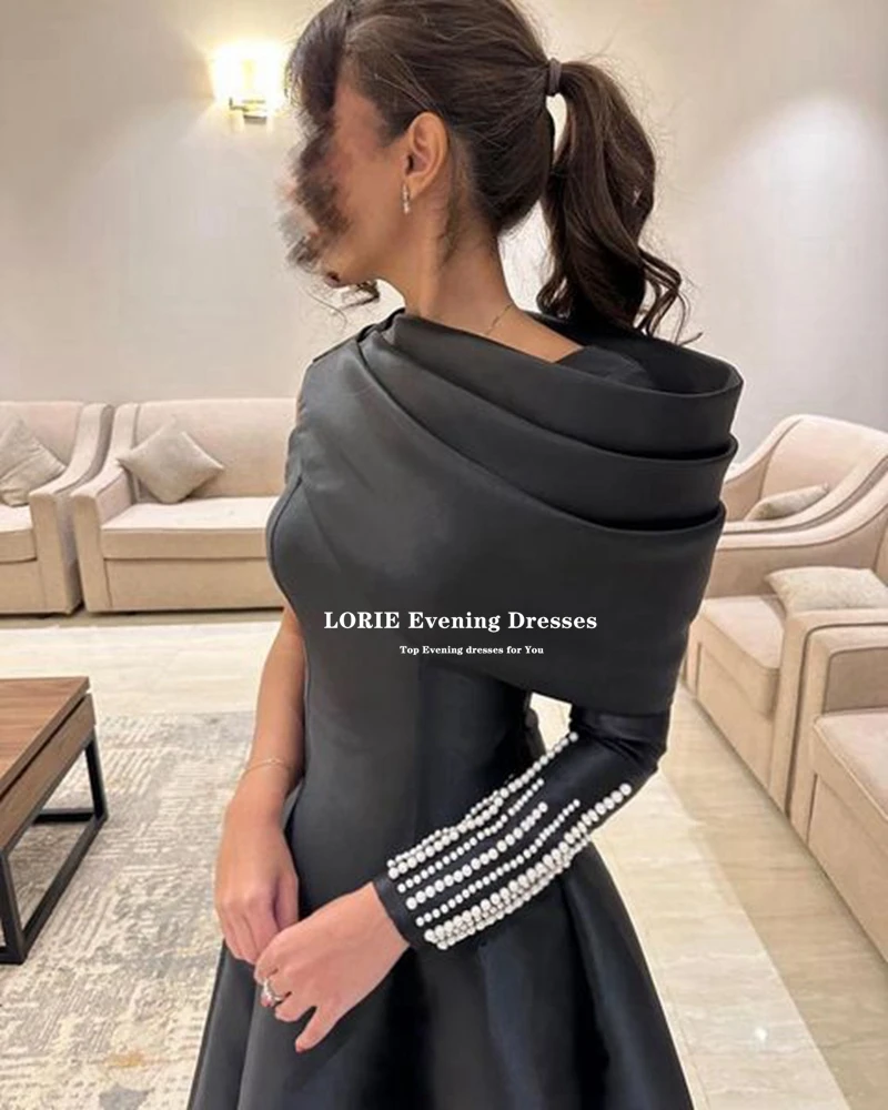 LORIE Saudi Arabia A-line Prom Dress Long Cape One Sleeve Pearls Navy Blue Vestidos Para Eventos Especiales Dubai Party Dresses