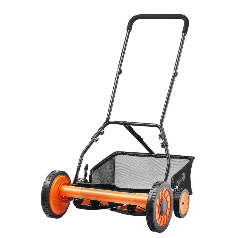 Manual reel mower 5 blades adjustable height grass collector gardening tools