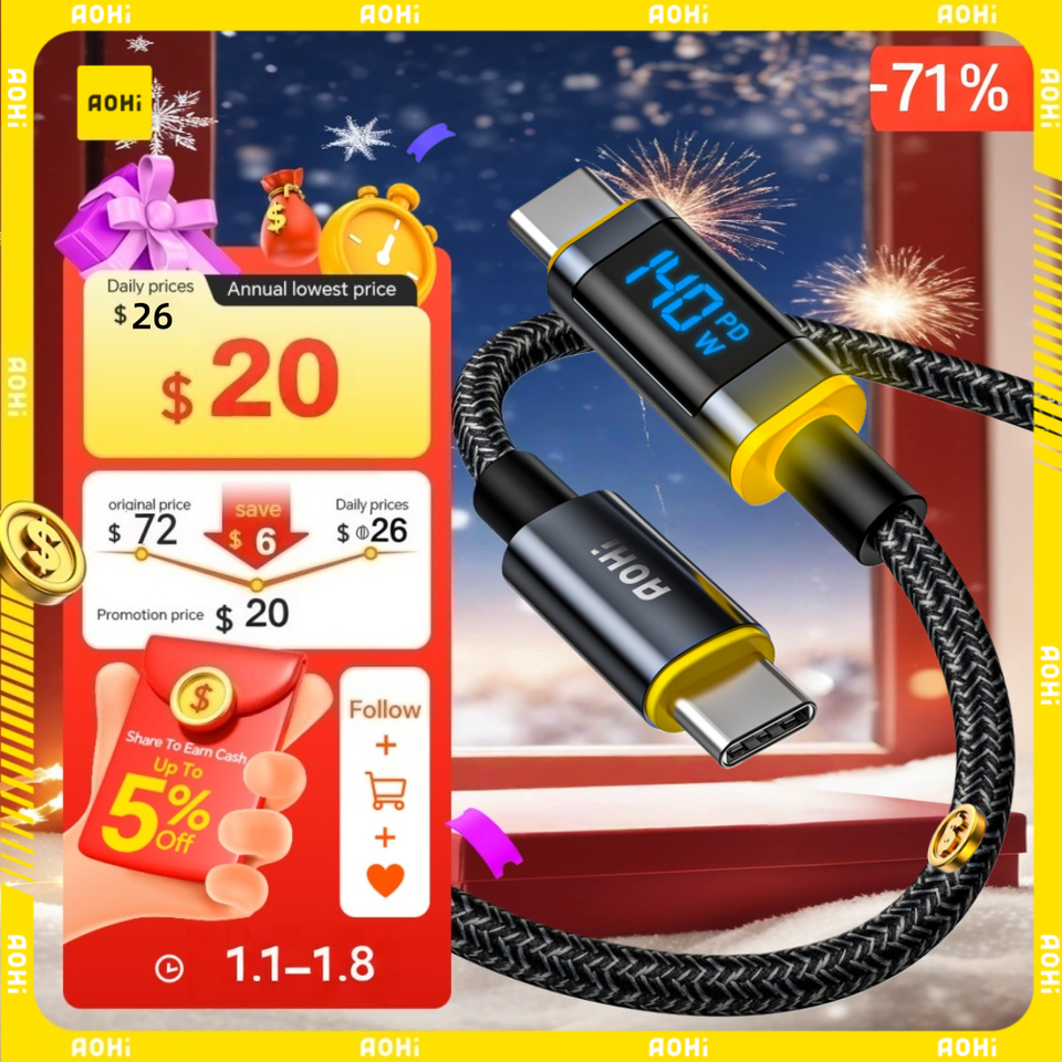  AOHI Magline+140W Nylon USB C to USB C LED Digital Display Cable 4ft 