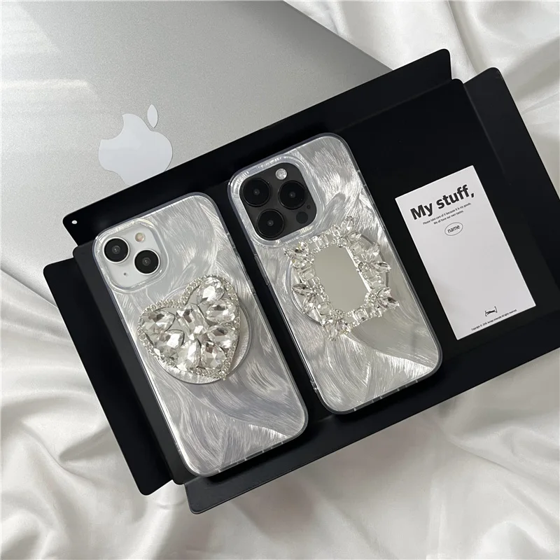 

Luxury Shiny 3D Heart Diamond Glitter Rhinestone Square Mirror Holder For Magsafe Magnetic Support Universal Phone Grip Bracket