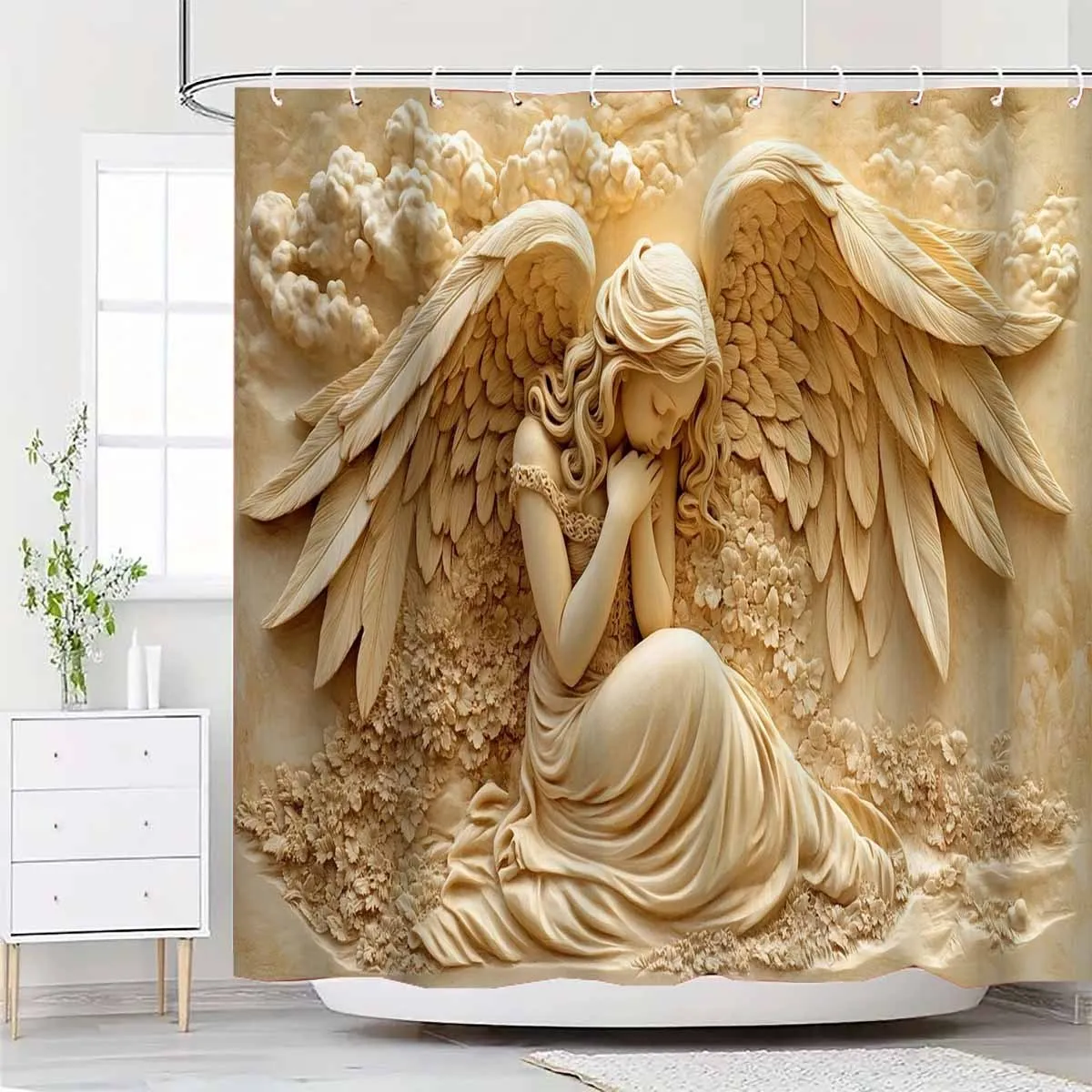 Serene Angel with Wings Waterproof Shower Curtain for Bathroom Decor, Unique Art Design, Vibrant Colors, Modern Fashion