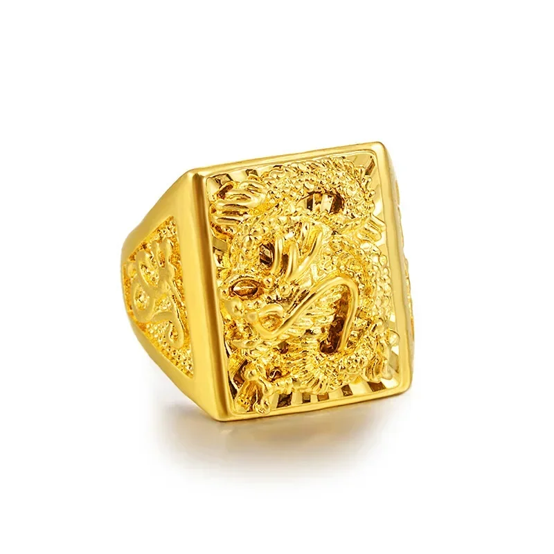 24K Puur Geel Gouden Ring Voor Mannen Luxe Graveren Draak Verstelbare Ringen Gentleman Bruiloft Sieraden Cadeau 2022 Trend