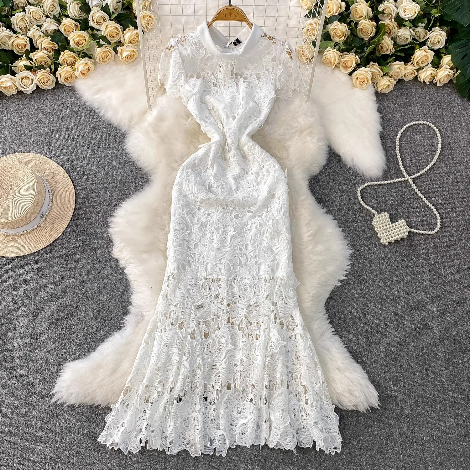 

Luxury Blue White Lace Evening Prom Dress Hollow out Flower Embroidery Stand Collar Summer Mermaid Formal Runway 2025