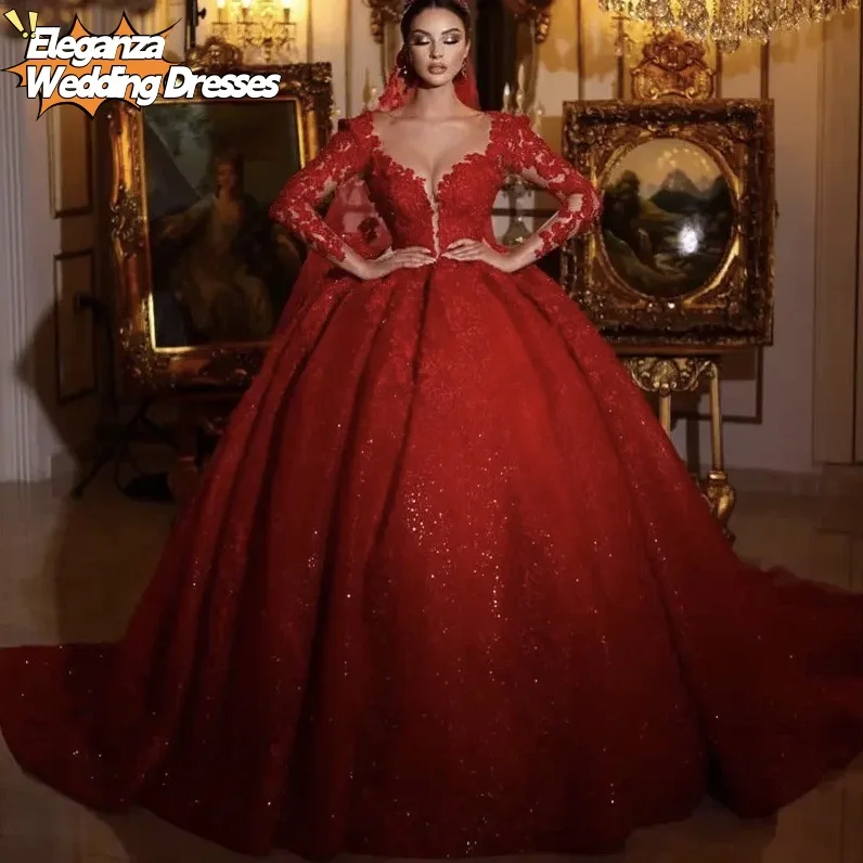 Gaun Pengantin Merah Renda Cantik Dubai Kustom Gaun Pengantin Arab Pernikahan Berkilau Lengan Panjang Gaun Pengantin Arab Vestido De Novia