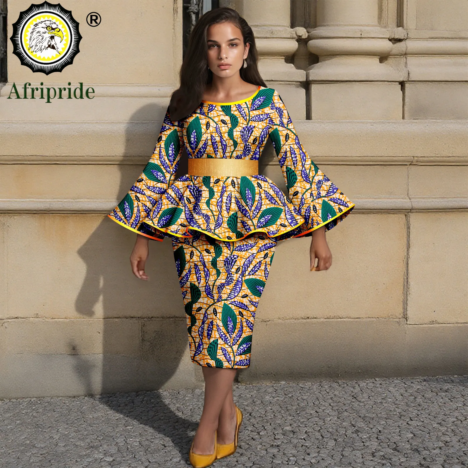 

African Clothes for Women Boat Neck High Waist Flare Sleeve Top and Midi Skirts 2 Piece Set Dashiki Outfits Print Attire 2526067