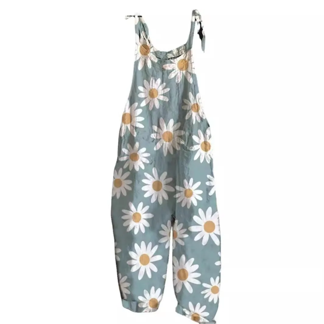 Printed Loose Fit Pants High Waist Full Length with Literary Retro Casual Art Print Medium Weight No Stretch Women Jumpsuit