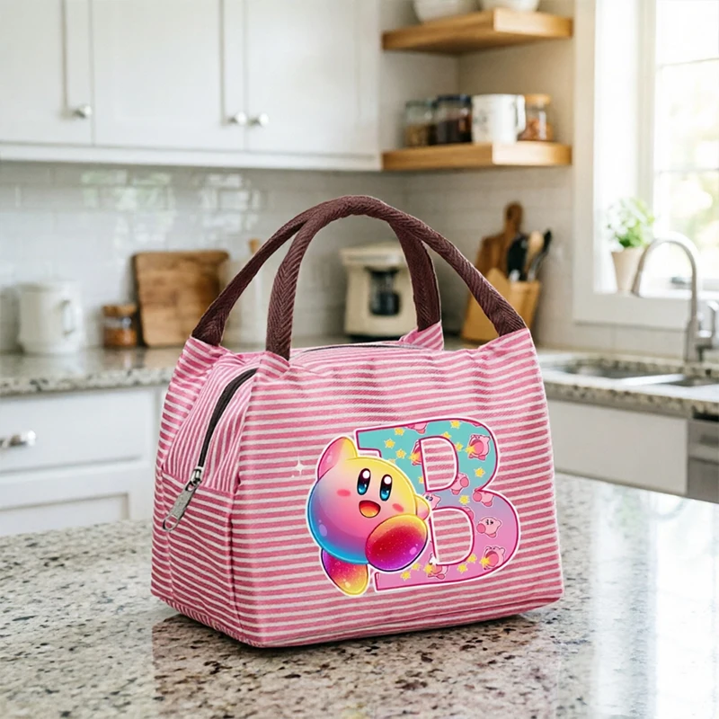 

Kawaii Kirbys Lunch Bag Stripes Insulated Lunch Handbag Cute 26letter Print Aluminum Foil Rice Bag Meal Pack Tote Pack Bento Bag