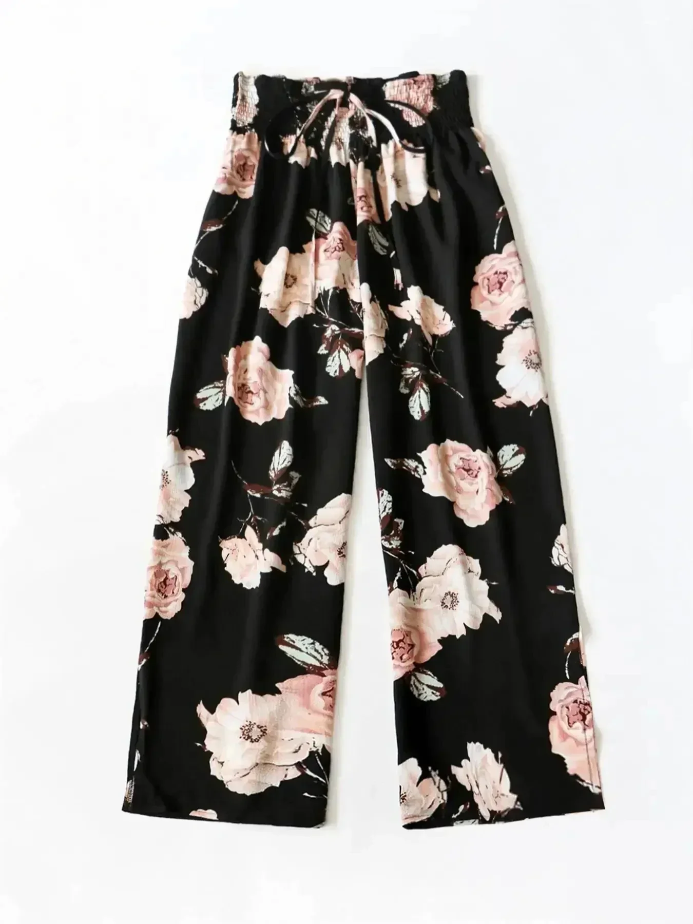 Plus Size Vibrant Floral Wide-Leg Pants with Comfy Shirred Elastic Waist - Breezy Casual Summer Wear for Curvy Women