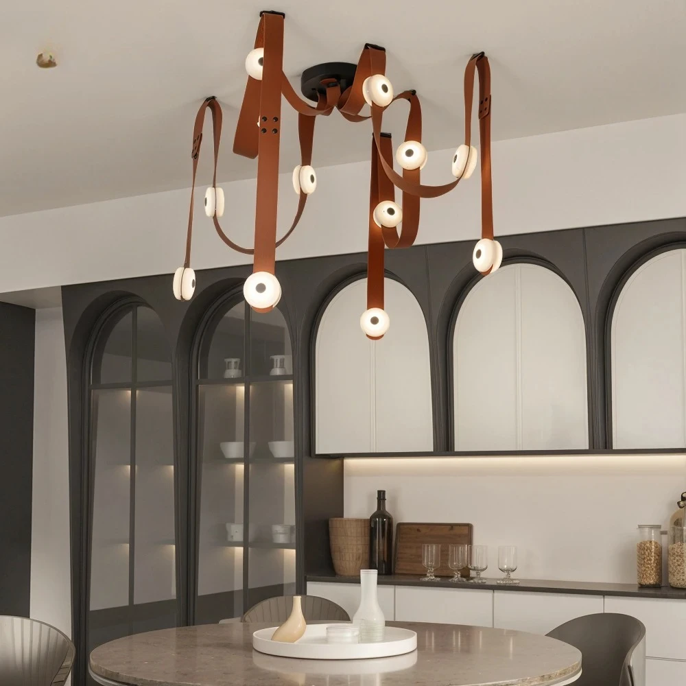 2026 Brown Belt Ceiling Chandelier With Faux Marble Shade For Living Room Bedroom Adjustable Modern Leather Strap LED Pendant Li