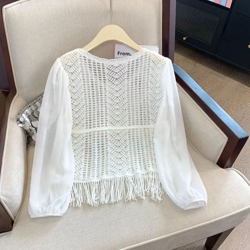 REALEFT Summer Lace Crochet Tassel Women\'s White Shirts 2024 New Hollow Out Beach Bohemian Chiffon Flare Sleeve Tops Female