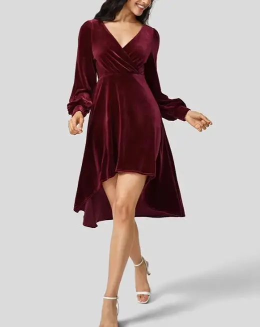 

Women's Clothing 2026 Autumn and Winter Hot Selling New Sexy V-Neck Waist Cinched Long Sleeved Velvet Cocktail Dress Dress