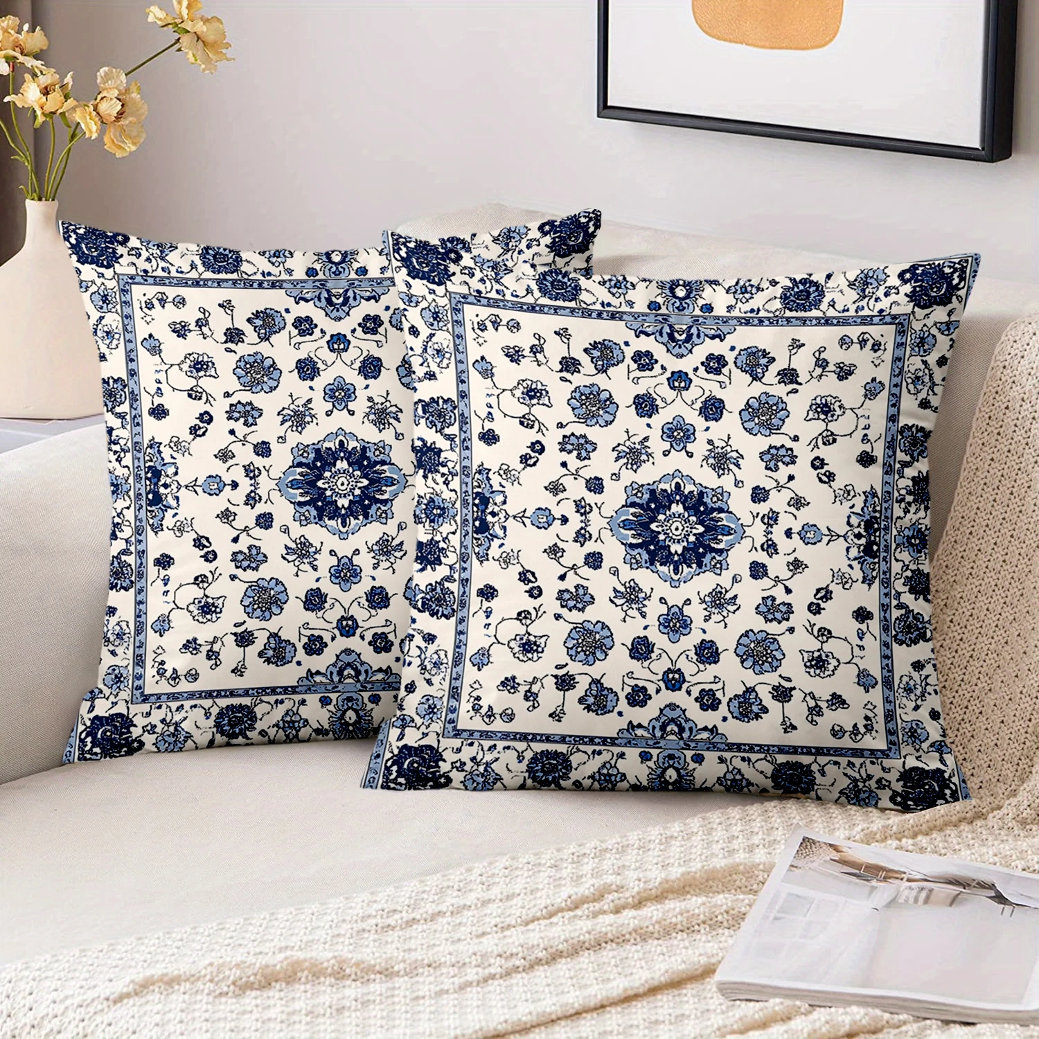 1 piece of blue and white floral pattern decorative pillow, polyester fiber pillowcase, sofa cushion, headboard pillow