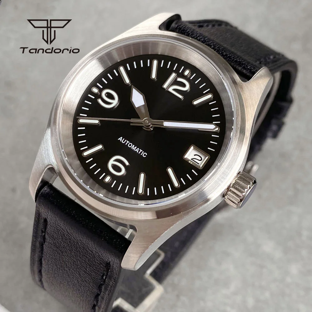 Tandorio-Reloj de pulsera de acero mecánico para hombre, accesorio de pulsera de buceo automático con fecha, de 36mm, NH35, de cuero, esfera negra, Lume, 20atm