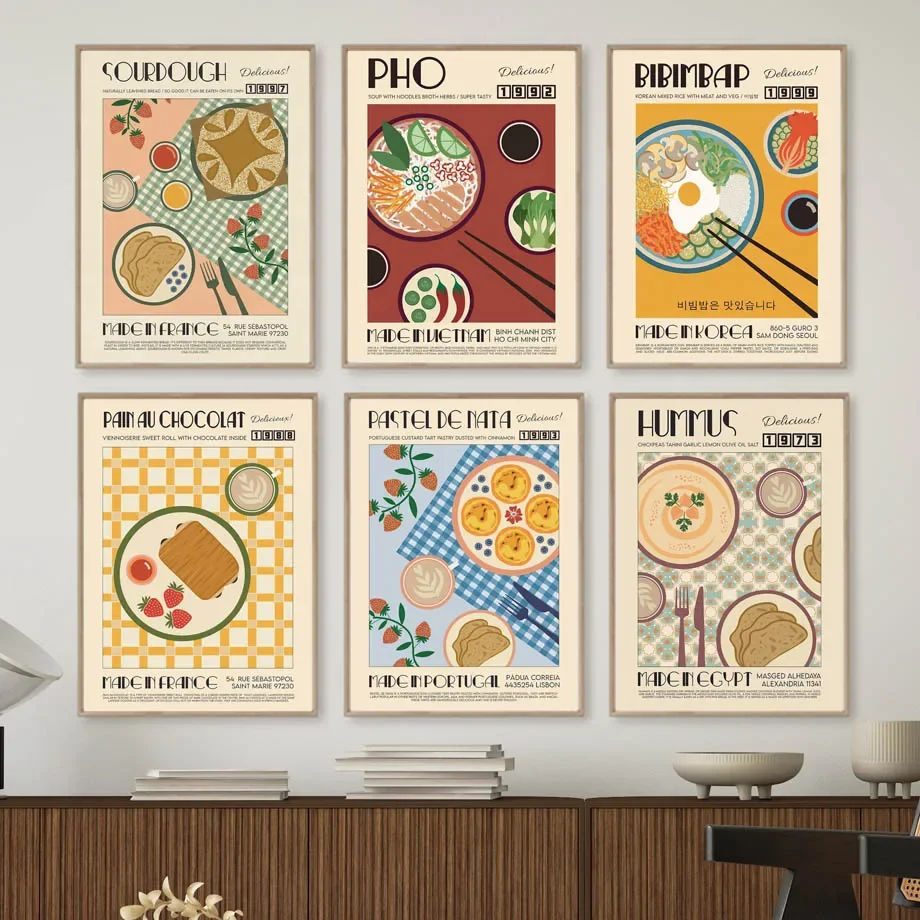العجين المخمر Bibimbap Pho Hummus المطبخ الغذاء المشارك قماش بتصميم قديم اللوحة بار جدار الفن جدارية طباعة صور غرفة المعيشة المنزل دي