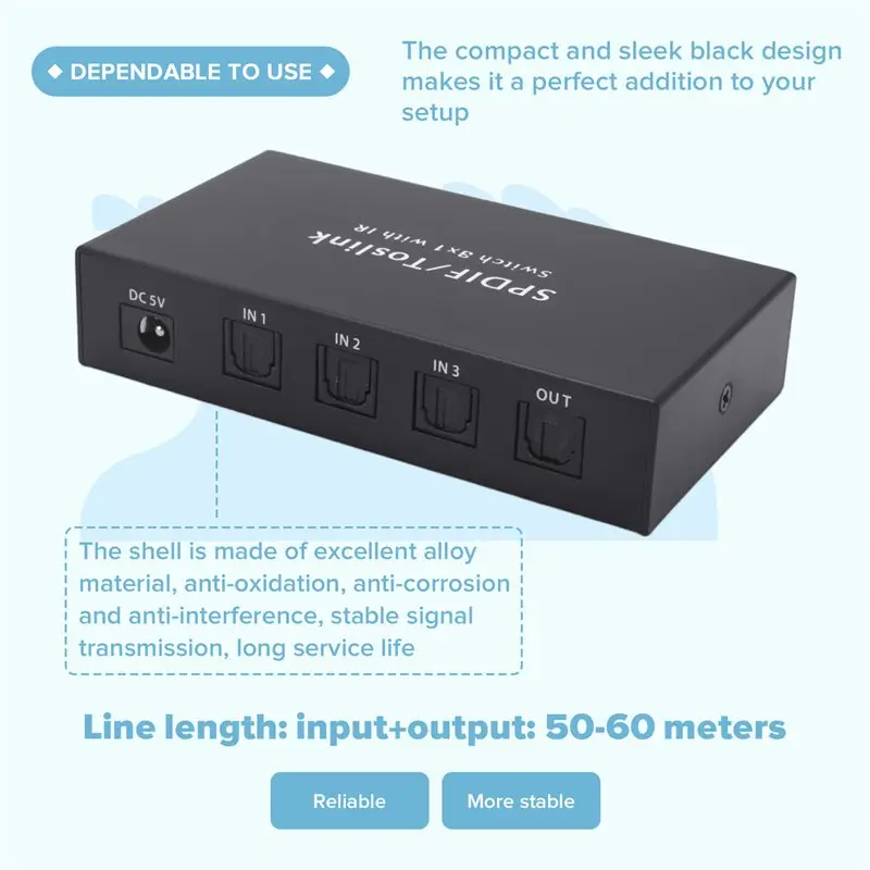 NUEVO EN STOCK - Conmutador Óptico con Divisor de Audio Digital Óptico Spdif Toslink de 2 Vías, 3 Entradas y 1 Salida con Contro