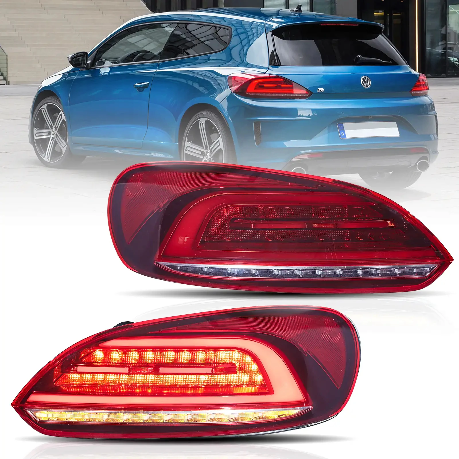 Für VW Scirocco 2009-2014 Voll-LED-Rückleuchten mit Bernstein-Sequenz-Blinker, Brems-, Rückfahr- und Tagfahrlicht, Heckleuchten-Set Plug-and-Play