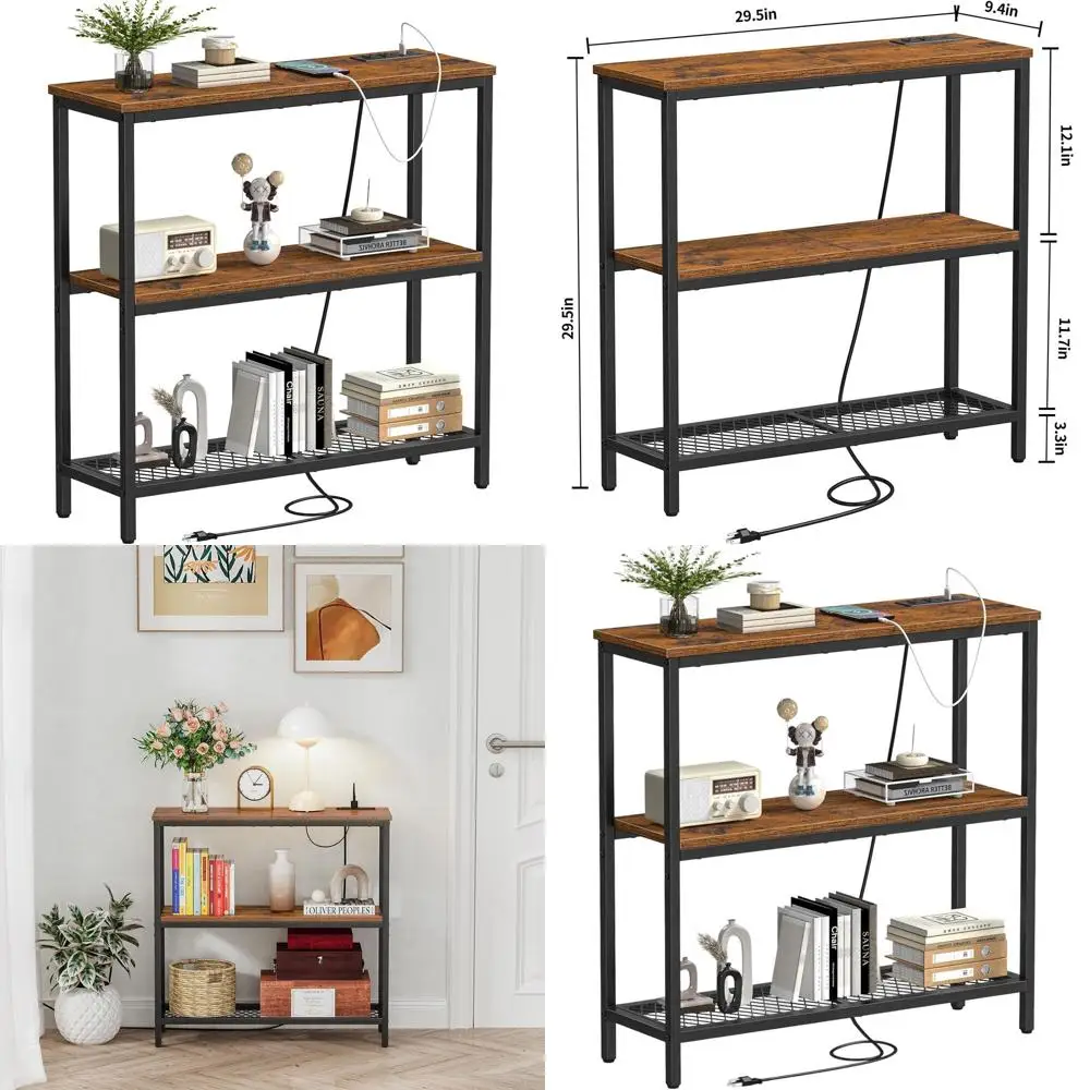 

Narrow Entryway Console Table with 3-Tier Shelves, 2 USB Ports & 2 Outlets for Living Room, Entrance, and Hallway