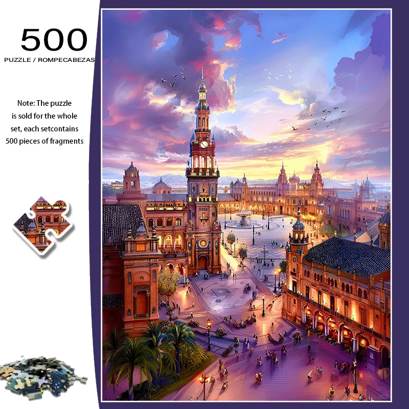 Una caja de 500 mini rompecabezas para adultos con Plaza De España en Sevilla, España: resistente a los arañazos, desafiante y