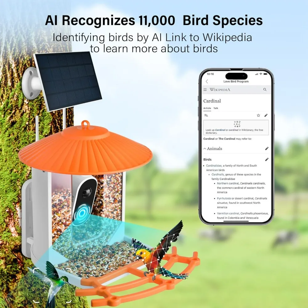 Smart Bird Feeder with Camera, Wireless Outdoor Solar Bird Feeder, Solar-Powered WiFi 1080P Live Camera, Auto Capture Detection