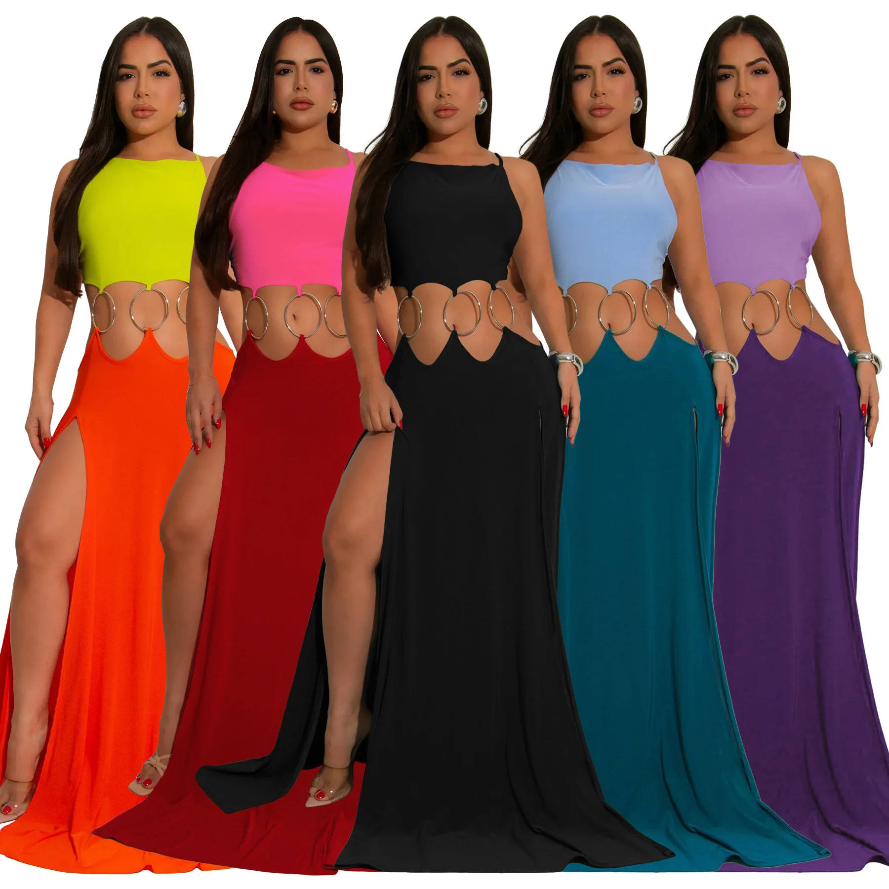 

Sexy Hollow Out Waist Backless High Slit Contrasting Color Women Party Dress 2025 Summer Holidays Beach Casual Maxi Dresses