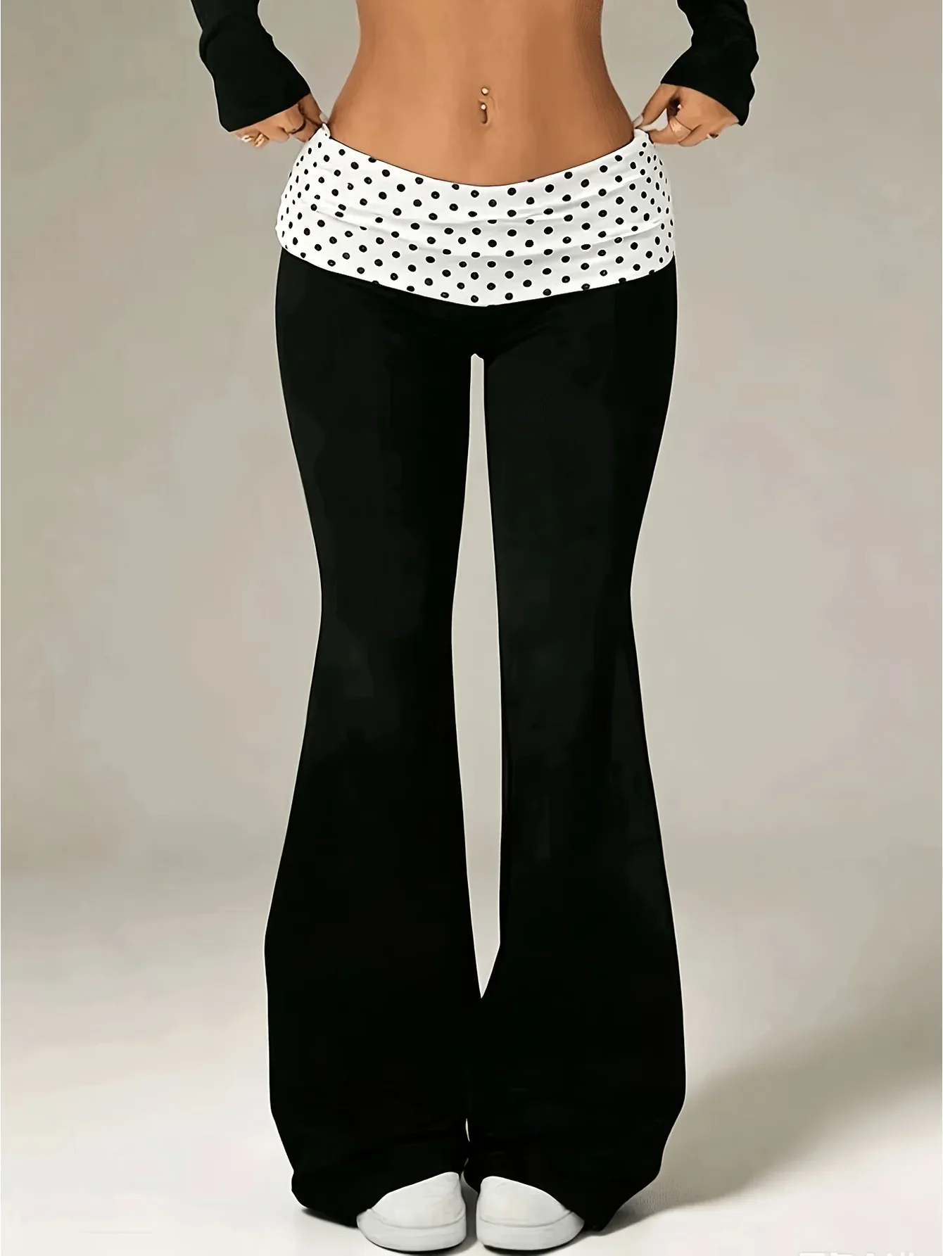 Leopard Polka Dot Low Rise Fold Over Waistband Flare Pants Women Slim Bootcut Bell Bottom Trousers Casual Y2K Streetwear Long