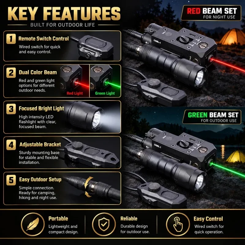 Dual Color Green Red Beam Lighting Set With Remote Switch, High Bright Focus Light Adjustable Bracket, Outdoor Camping Equipment