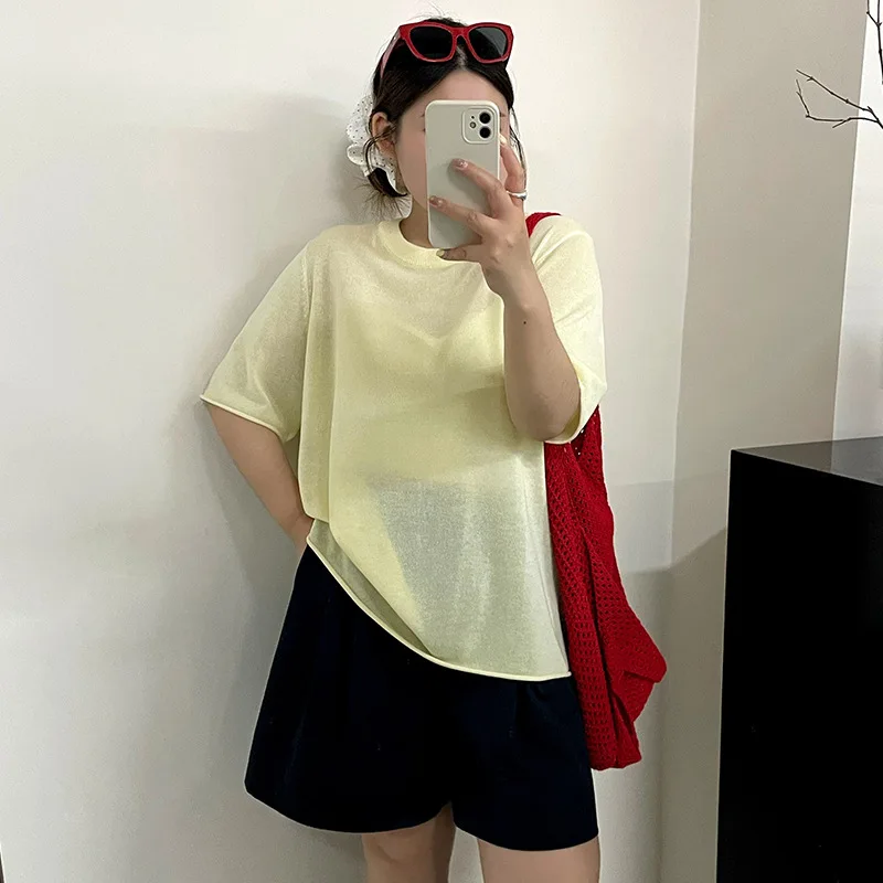 

Large size women's thin crew neck casual top women's loose 2026 summer knitted short-sleeved t-shirt