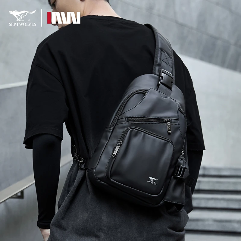 Septwolves Large Capacity Men Leather Sling Bag Travel Chest Pack One Shoulder Backpack Waterproof Crossbody Bag iPad Slingbag
